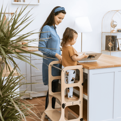 STEP'n'SIT® Convertible 2-in-1 Helper Tower/Table With Support Legs - Natural wood