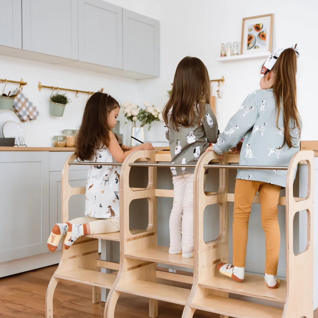 STEP UP Adjustable Height Helper Tower With Support Legs - Natural Wood