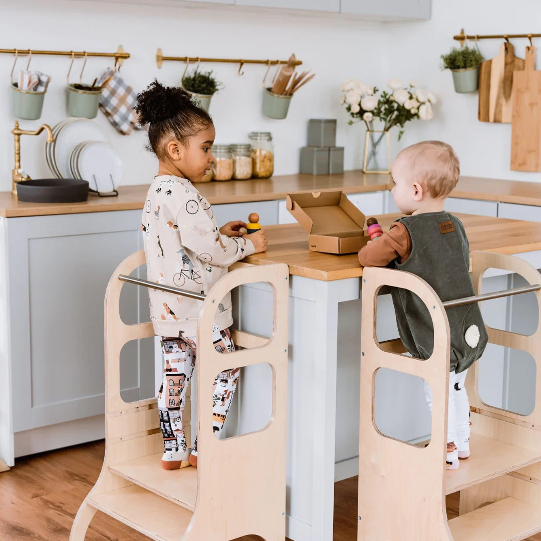 STEP UP Adjustable Height Helper Tower With Support Legs - Natural Wood